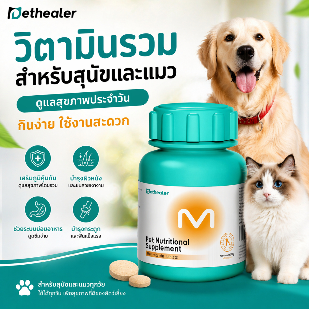 Pethealer วิตามินสัตว์เลี้ยง สำหรับสุนัขและแมว อาหารเสริมสัตว์เลี้ยง 100g ประมาณ 200 เม็ด ใช้ได้ทุกวัน