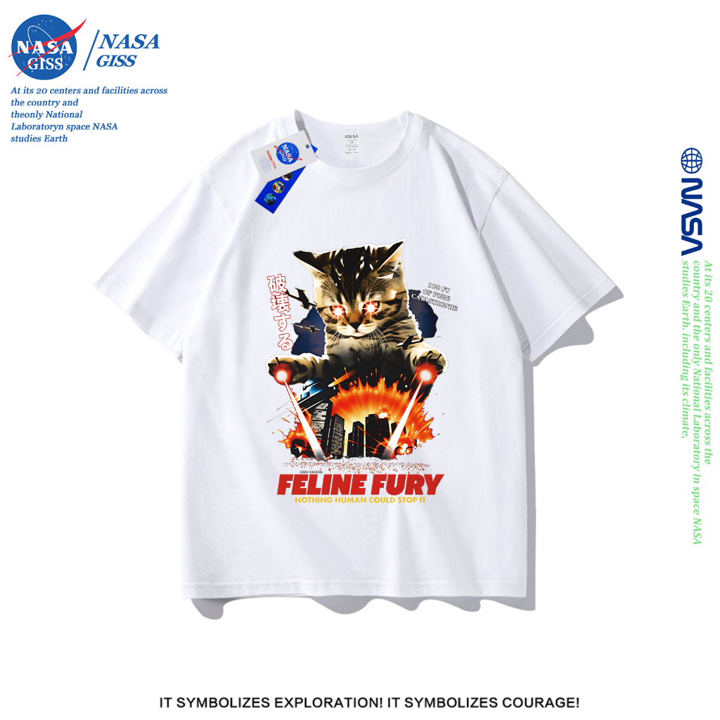 NASA เสื้อยืดชายหญิงแขนสั้น สตรีทฮิปฮอป summer แมวโจมตีเมือง พิมพ์ลาย คอตตอน คอกลม หลวมและระบายอากาศ