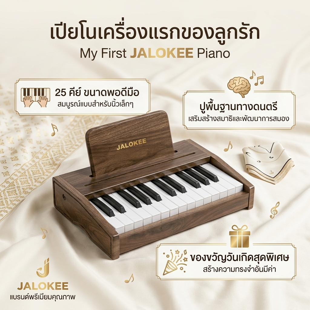 JALOKEE 25 คีย์ เปียโนเด็ก ของเล่นดนตรีเด็ก เปียโนไม้ สีชมพู เสริมทักษะดนตรี สำหรับเด็ก