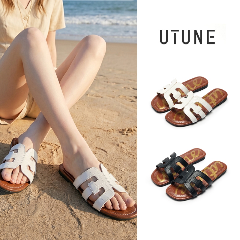 UTUNE รองเท้าแตะผู้หญิง สไตล์ฝรั่งเศสวินเทจ ลายหนังจระเข้ พื้นแบน นุ่มสบาย กันลื่น ทนทาน ดีไซน์เปิดปลายเท้า ทรง H ใส่ได้หลายโอกาส รองเท้าแฟชั่นใส่ทะเล แมตช์เดรส