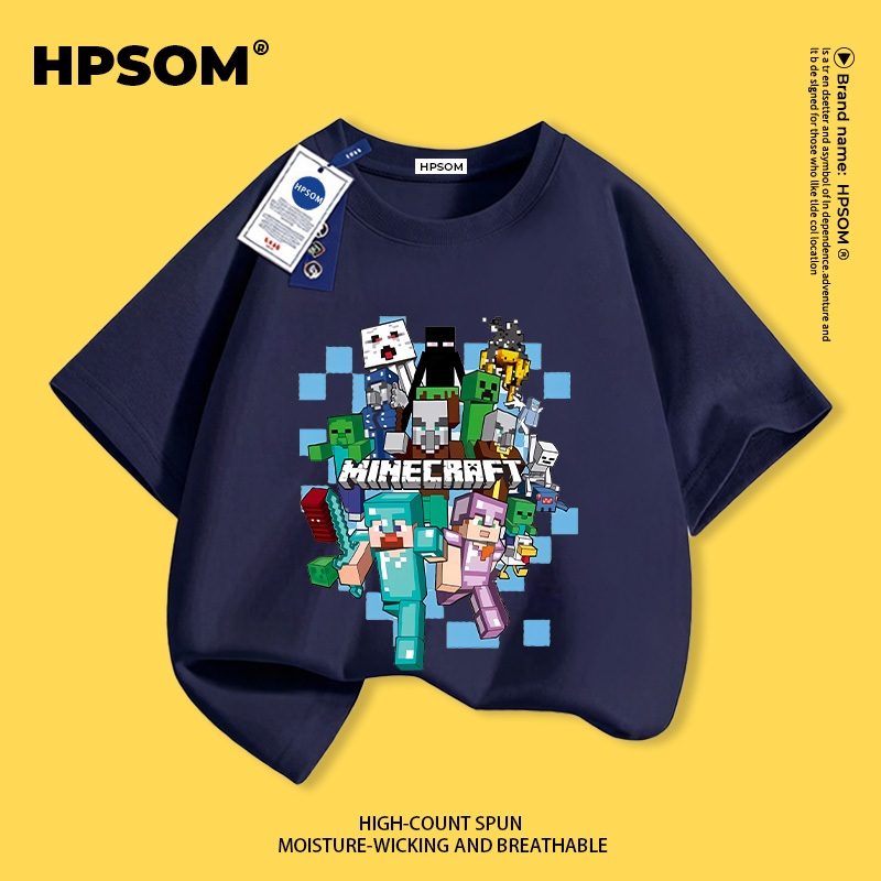 【จัดส่งภายในหนึ่งวันในกรุงเทพฯ】 เสื้อยืดแขนสั้นสำหรับเด็กสีน้ำเงินเข้ม ผ้าฝ้ายแท้ระบายอากาศดี ลาย Minecraft (มายคราฟ) สุดเก๋ ไซส์ 3-16 ปี ทรงหลวมสบาย ใส่ลำลอง