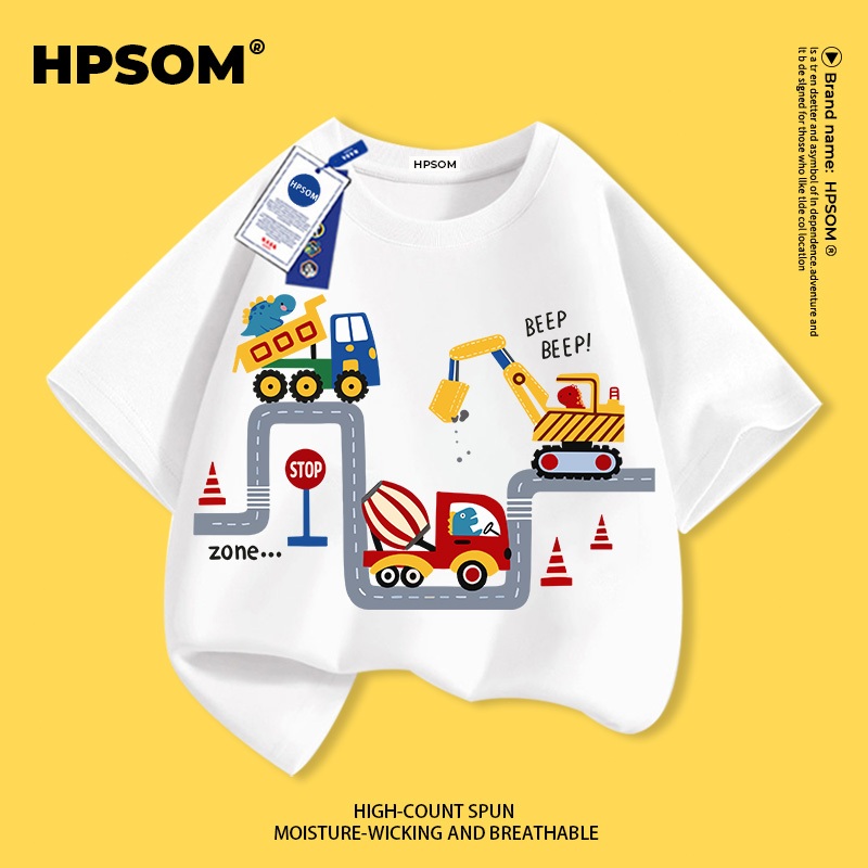 【จัดส่งภายในหนึ่งวันในกรุงเทพฯ】 เสื้อยืดแขนสั้นสำหรับเด็กสีขาว ผ้าฝ้ายแท้ระบายอากาศดี ลายรถยนต์และรถขุดเท่ ๆ สุดเก๋ ไซส์ 3-16 ปี ทรงหลวมสบาย ใส่ลำลอง