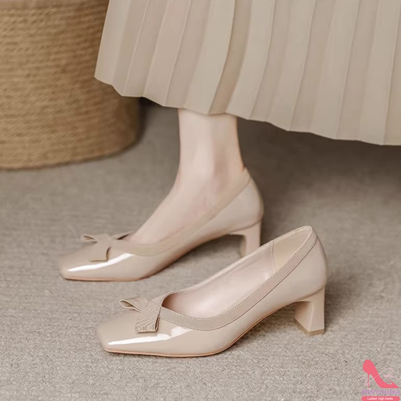 [PY] รองเท้าทำงานผู้หญิง ส้นสูง 2 นิ้ว รองเท้าหนัง หัวเหลี่ยมมีโบว์ ใส่เที่ยวใส่ทำงานได้ ไซส์34-41