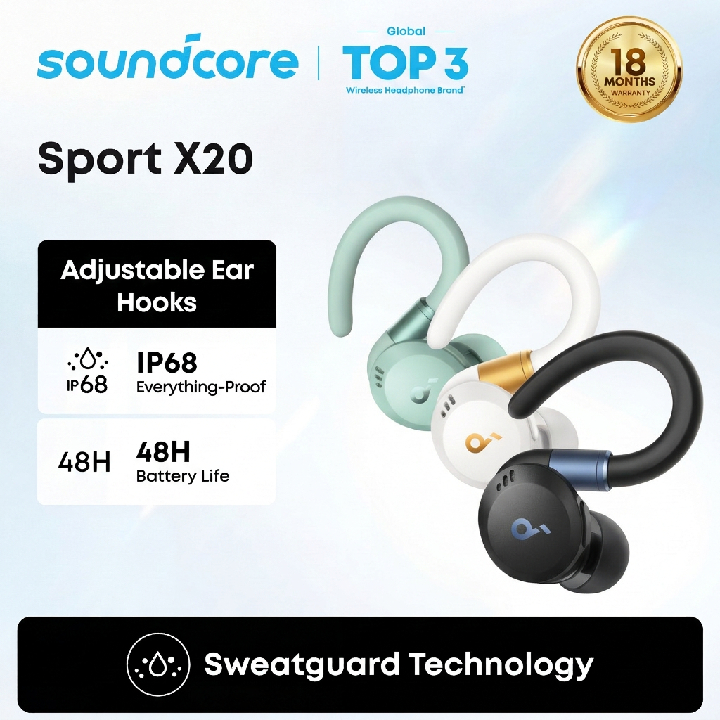 Soundcore Sport X20 by Anker, หูฟังออกกําลังกายไร้สาย True-Wireless, ที่เกี่ยวหูหมุนได้และขยายได้, Noise Cancelling, Deep Bass, IP68 กันน้ํา, กันเหงื่อ, กันฝุ่น, 48H Play