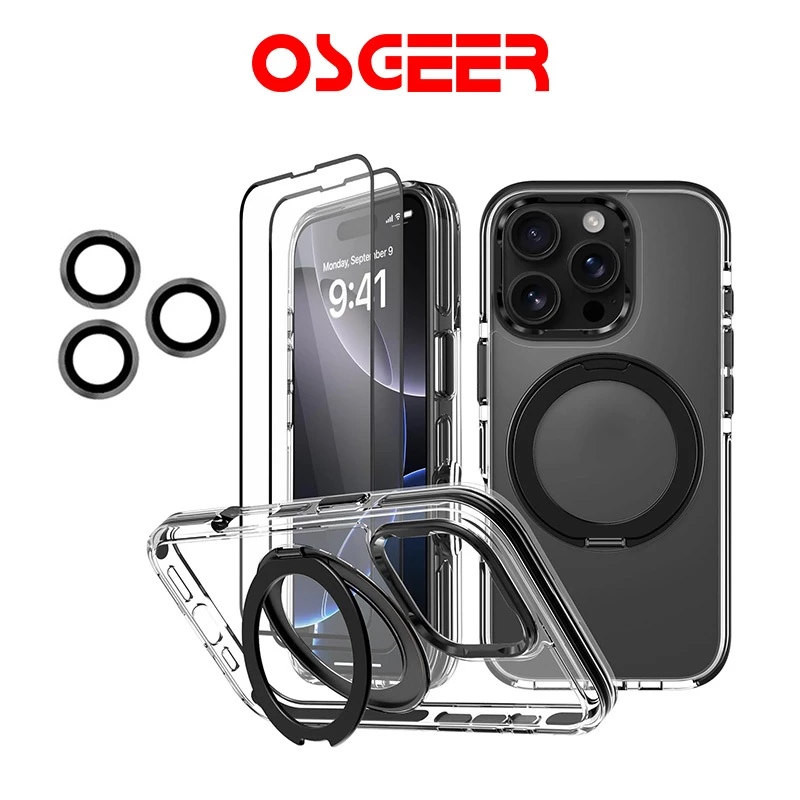 [OSGEER]เคสแม่เหล็ก + ตัวป้องกันหน้าจอ + ชุดป้องกันเลนส์สําหรับ iPhone, 360° ขาตั้งแหวนหมุนได้กันกระแทกป้องกันเต็มรูปแบบ