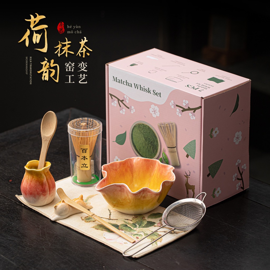 Blossom Elegance Matcha Set 8 ชิ้น, Flambe Glaze Ceramic Tea Bowl with Spout, Hyakuhon Stand & River Mountain Rest, Sieve,Tea Mat , Tea Pick, Matcha Spoon