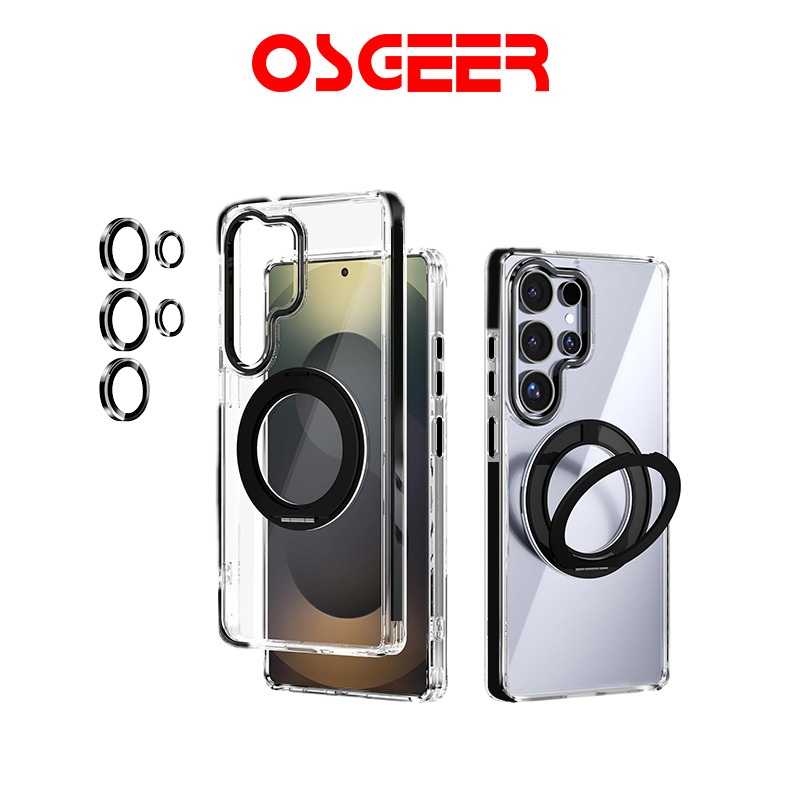 [OSGEER]เคสแม่เหล็กใสพร้อมขาตั้งวงแหวนหมุนได้ป้องกันการตกระดับทหารและป้องกันการเหลืองสําหรับ Samsung Galaxy S24 Ultra / S25 Ultra / S26 Ultra