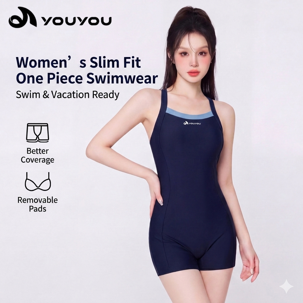 ชุดว่ายน้ำ One Piece Slim Fit X-Back สตรี พร้อมแผ่นถอดได้ แบบ Boyshort
