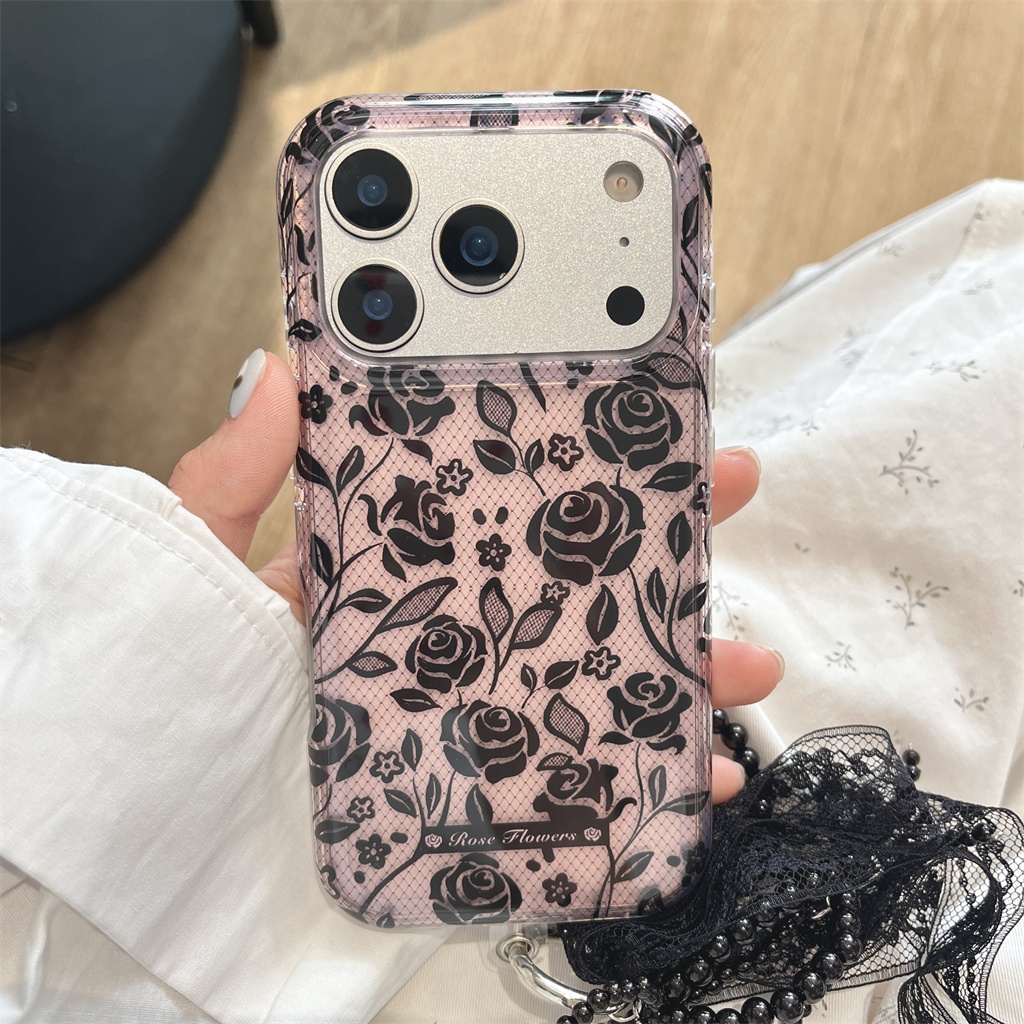 สําหรับ iphone Case 17 Pro Max 16 Pro Max 15 Pro Max เคสโทรศัพท์ลูกไม้ Rosy