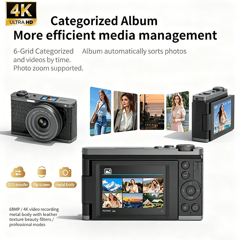 กล้องดิจิตอล 4K 68MP สําหรับ วิดีโอบล็อก 180° กล้องเซลฟี่แบบเต็มหน้าจอพร้อมซูม 28X, โฟกัส AF/MF, การ