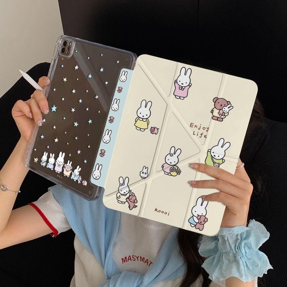 Miffy พิมพ์ Y-Fold เคส iPad ด้านหลังโปร่งใสสูงพร้อมที่ใส่ดินสอสําหรับ iPad 10th Gen Air 5/4 Pro 11 Mini 6