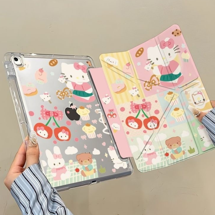 เคส Ipad Gen11 2025 Gen10 Air8 2026 M4 Air7 2025 M3 ที่ใส่ปากกา Kitty Cherry Y-พับ Air6 Gen7/8/9th 1
