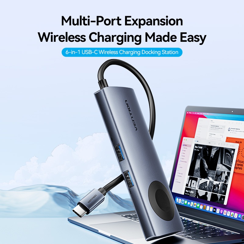Vention 6-in-1 USB C Hub ไร้สายชาร์จ 5W Docking Station ประเภท C ถึง HDMI 4K@60Hz 100W PD 5Gbps USB 