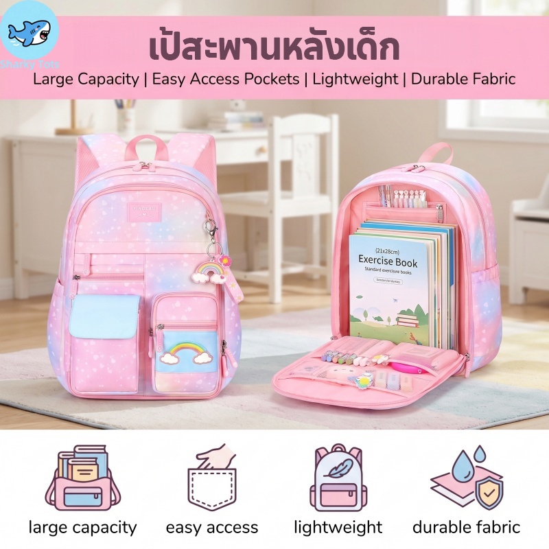 【BKK Delivery】เป้สะพายหลังเด็กผู้หญิง ป.1-6 จุของได้เยอะ กันน้ำ ระบายอากาศดี เกรเดียนท์ ดีไซน์สวย น่ารัก