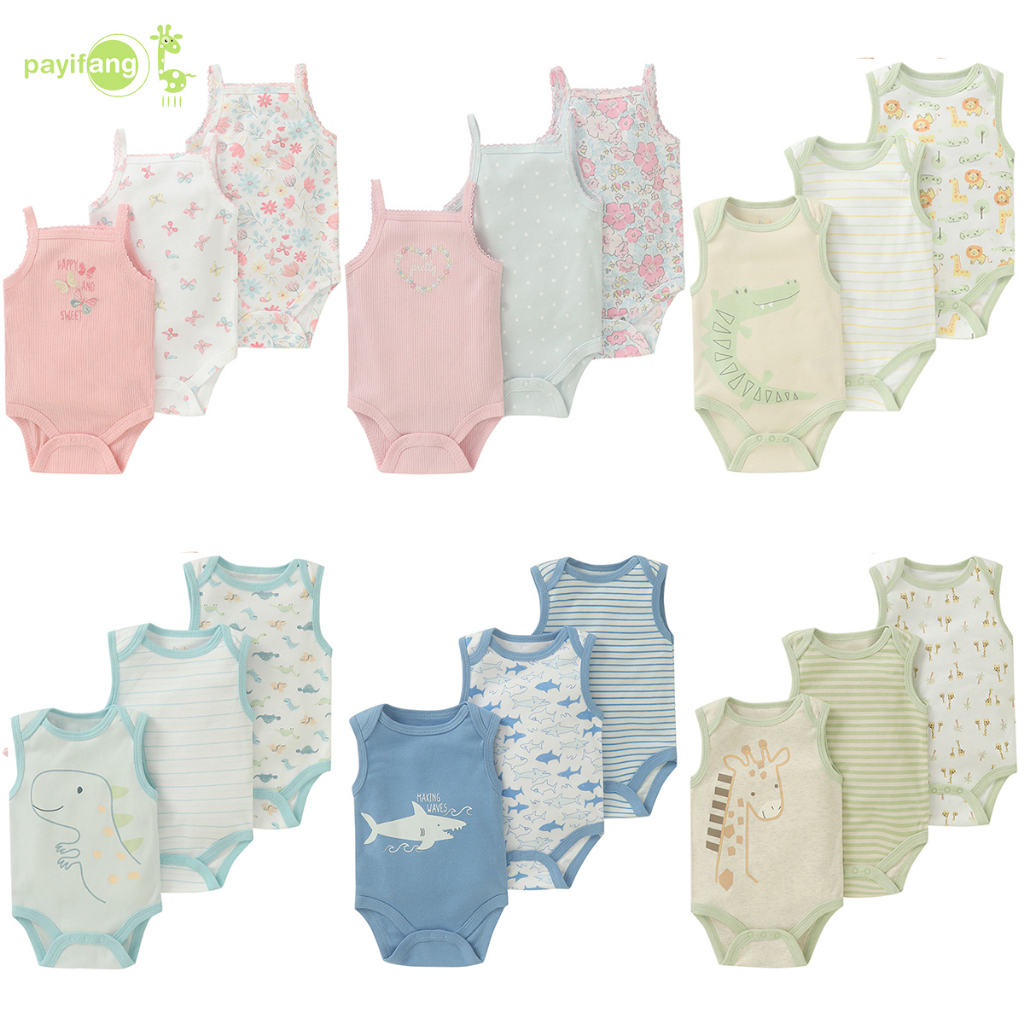 PAYI BABY-3 ชิ้น หญิง และชาย สำหรับทารก ทำจากผ้าฝ้ายนุ่ม สไตล์แขนกุด บอดี้สูทเด็ก