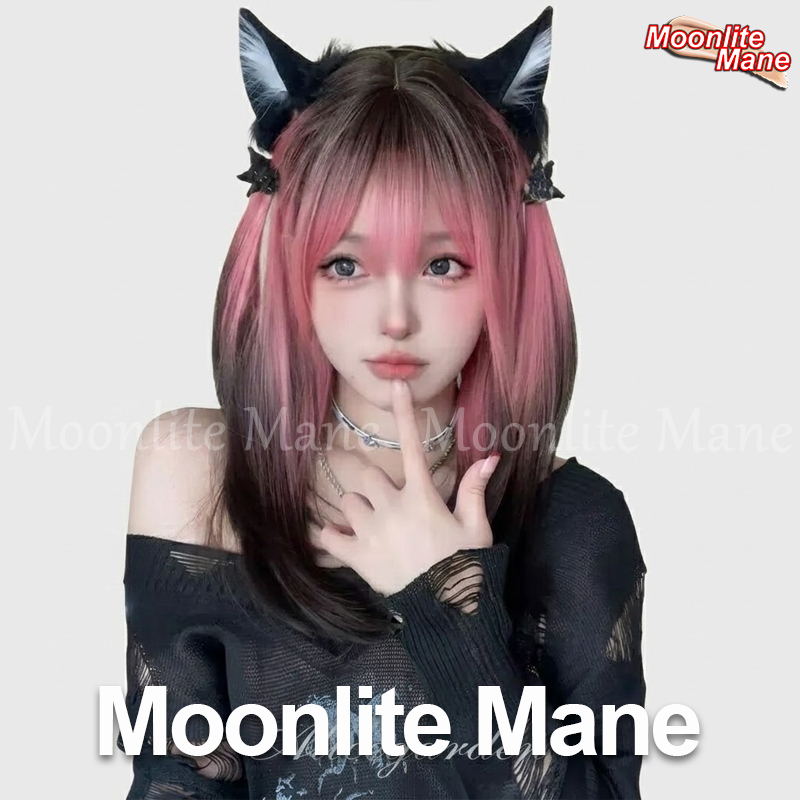 Moonlite Mane วิกผมผู้หญิง วิกผมยาว วิกผมหน้าลูกไม้ 45 ซม. สีดำและชมพูไล่ระดับ สไตล์สาวฮอตอเมริกัน สไตล์ Y2K สไตล์โกธิค วิกผมตรงยาวปานกลางมีหน้าม้า มาพร้อมตาข่ายคลุมวิก