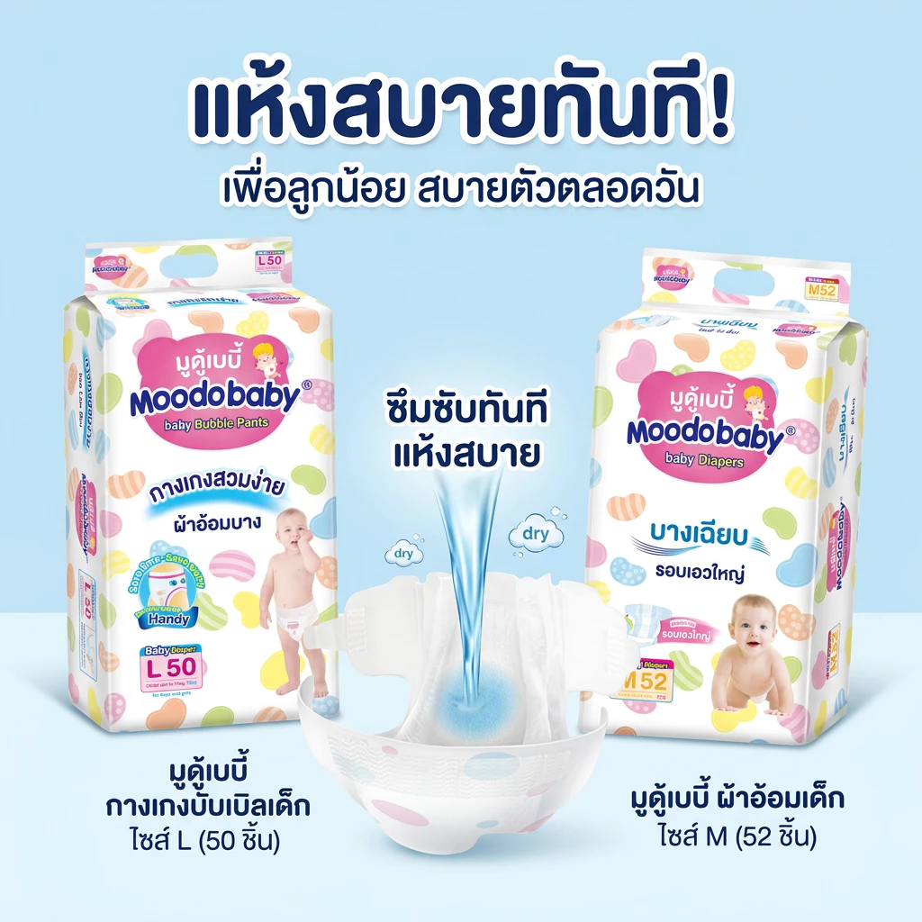 Moodobaby แพมเพิส กางเกงผ้าอ้อมแบบดึงขึ้น NB/S/M/L/XL/XXL 46-56PCS BABY DIAPER PANTS แพมเพิสเด็ก