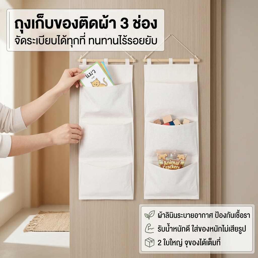 ❤️ถุงแขวนผนัง❤️ ถุงเก็บของ ที่เก็บของแขวนผนัง 2ชิ้นกว่าประตูถุงเก็บ3ชั้นผ้าฝ้ายผ้าลินินแขวนถุงเก็บสําหรับการจัดเก็บของเล่นขนมขบเคี้ยว