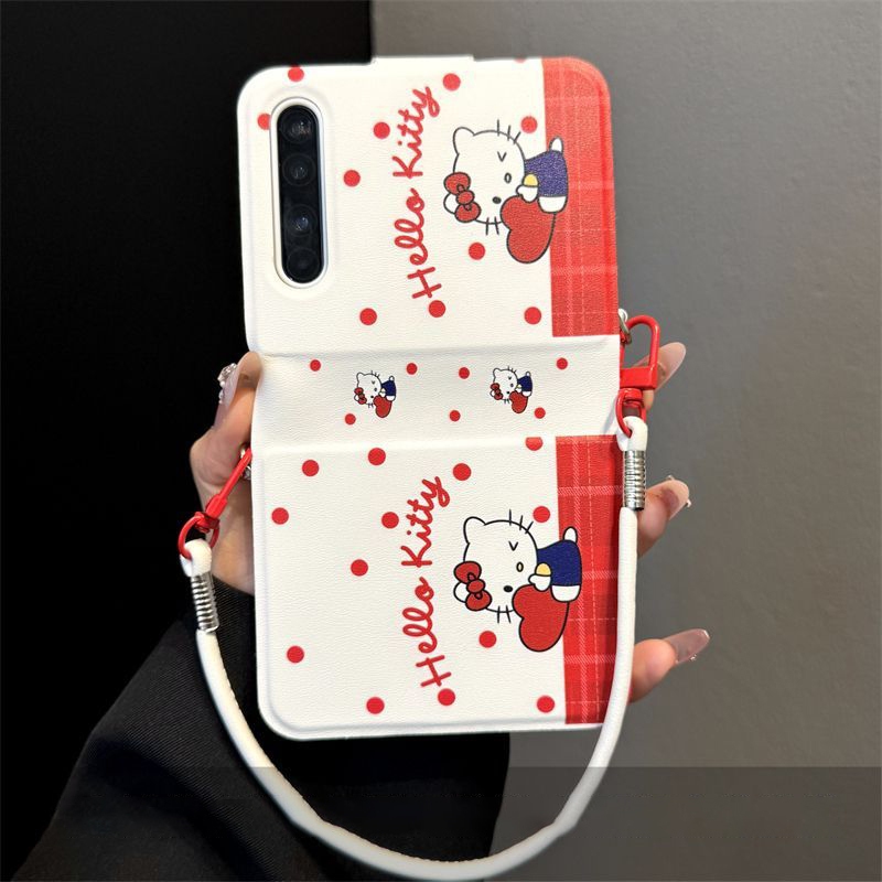 Z Flip 6 กรณีหนังสือน่ารักสไตล์ Red Kitty Cat หนังสีขาวสําหรับ Samsung Galaxy Z Flip6 5 Oppo ค้นหา N