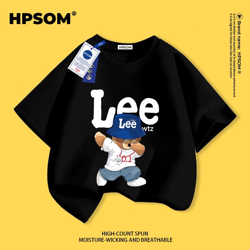 【จัดส่งภายในหนึ่งวันในกรุงเทพฯ】 เสื้อยืดแขนสั้นสำหรับเด็กสีดำ ผ้าฝ้ายแท้ระบายอากาศดี ลายหมีเท่ ๆ สุดเก๋ ไซส์ 3-16 ปี ทรงหลวมสบาย ใส่ลำลอง