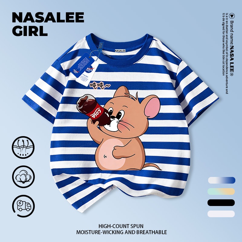 【จัดส่งจากกรุงเทพฯ】เสื้อแขนสั้นผ้าฝ้ายลายทางสีเหลืองและสีน้ำเงินสำหรับเด็ก ลายหนูการ์ตูนน่ารัก สนุกสนาน ใส่แล้วระบายอากาศดี เหมาะสำหรับหน้าร้อน เหมาะสำหรับเด็กอายุ 3-16 ปี ทั้งชายและหญิง ราคา ถูกที่สุด ดีลบีเคเค แกลเลอรีภาพที่ 7