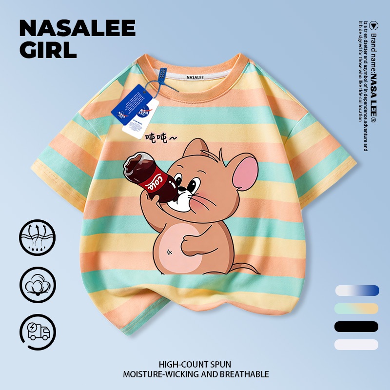 【จัดส่งจากกรุงเทพฯ】เสื้อแขนสั้นผ้าฝ้ายลายทางสีเหลืองและสีน้ำเงินสำหรับเด็ก ลายหนูการ์ตูนน่ารัก สนุกสนาน ใส่แล้วระบายอากาศดี เหมาะสำหรับหน้าร้อน เหมาะสำหรับเด็กอายุ 3-16 ปี ทั้งชายและหญิง ราคา ถูกที่สุด ดีลบีเคเค