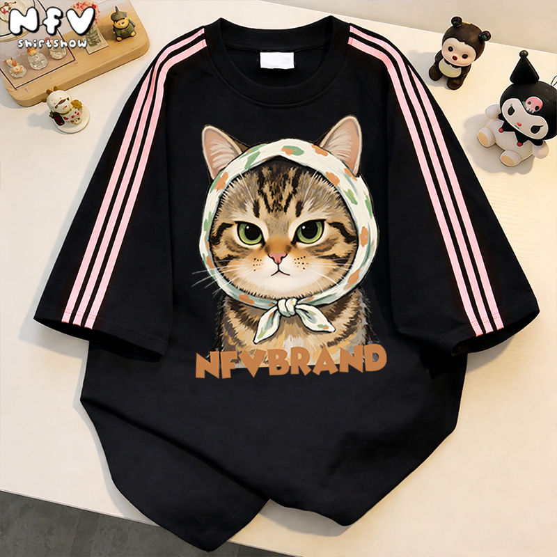NFV ใหม่ล่าสุด ลายพิมพ์แมว เสื้อยืดแขนสั้นคอกลม ทรงหลวม ระบายอากาศ ผ้าฝ้ายแท้ ใส่สบาย YG2903