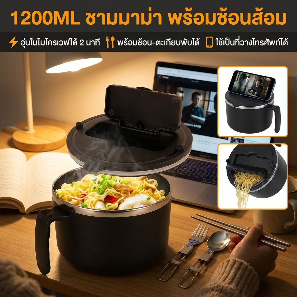 1200ML ชามมาม่า ชามราเมนพร้อมฝาปิดกรองได้ ชามก๋วยเตี๋ยว พร้อมช้อน ตะเกียบ ฝาใช้เป็นที่วางมือถือได้