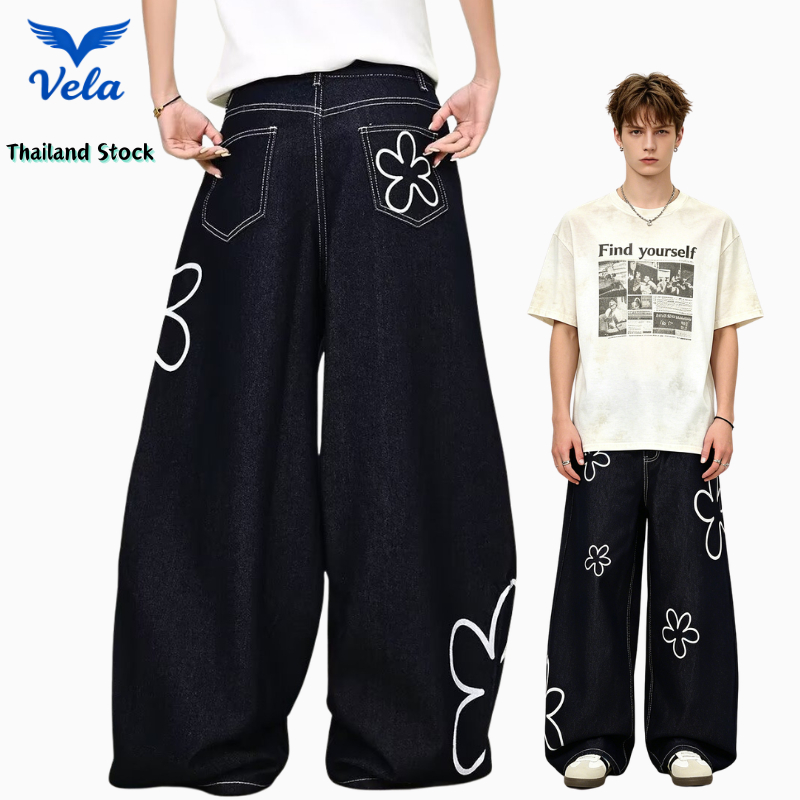 Vela-กางเกงยีนส์ ผู้ชาย ทรงขากระบอก ทรงหลวม ออกแบบลายดอกไม้ สไตล์ฮิปฮอป baggy jeans