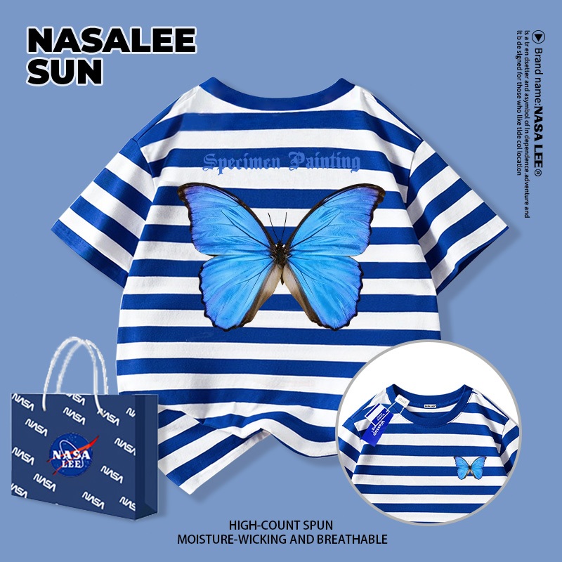 【จัดส่งจากกรุงเทพฯ】เสื้อผ้าฝ้ายสีฟ้าขาวสำหรับเด็ก ลายผีเสื้อการ์ตูนน่ารัก สนุกสนาน ใส่แล้วระบายอากาศดี เหมาะสำหรับหน้าร้อน เป็นเสื้อแขนสั้น เหมาะสำหรับเด็กอายุ 3-16 ปี ทั้งชายและหญิง