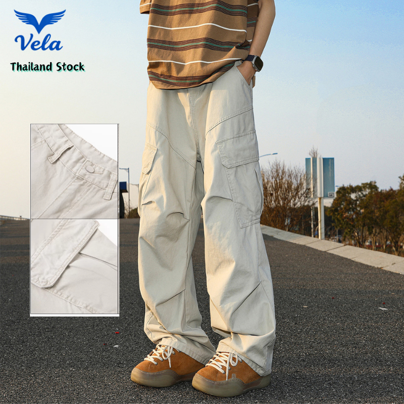 VELA-กางเกงขายาวคาร์โก้ผู้ชาย ทรงหลวมหล่อ สตรีทอเมริกัน เหมาะสำหรับฤดูใบไม้ผลิและฤดูใบไม้ร่วง