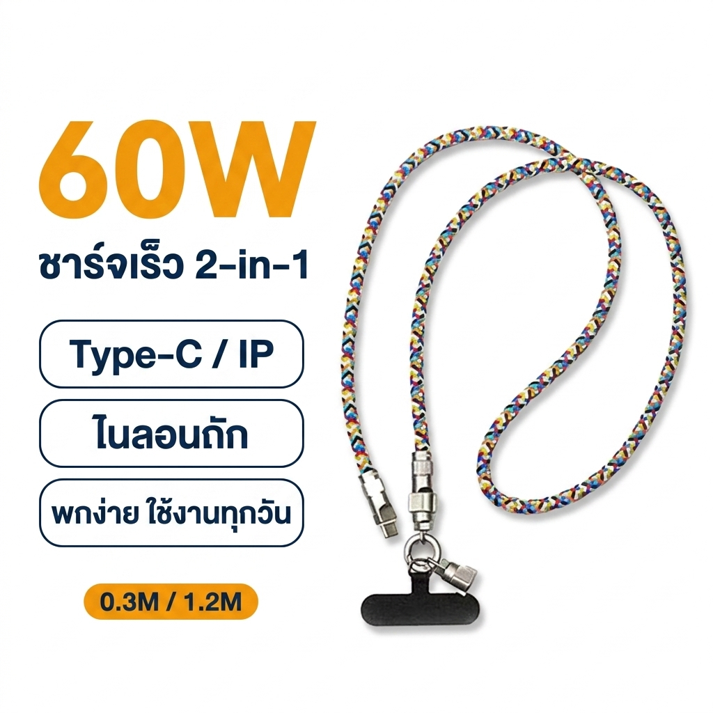 สายชาร์จคล้องคอ 60W Type-C/IP แบบโซ่เชือกถัก ไนลอน+โลหะผสมสังกะสี ยาว 0.3M/1.2M ชาร์จสะดวก พกง่าย ใช