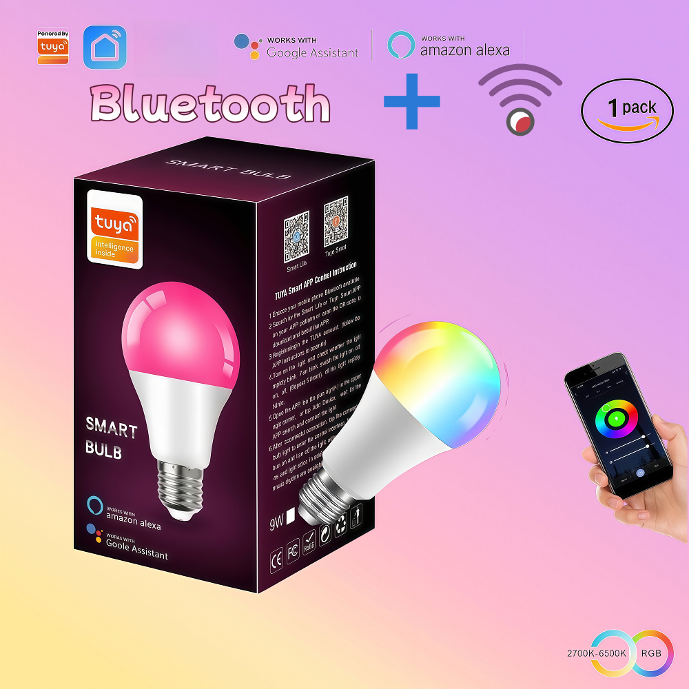TUYA E27หลอดไฟ LED ไฟแต่งห้อง RGB โคมไฟสี WIFI Bluetooth เปลี่ยนสีได้ โทรศัพท์มือถือควบคุม ประหยัดไฟ