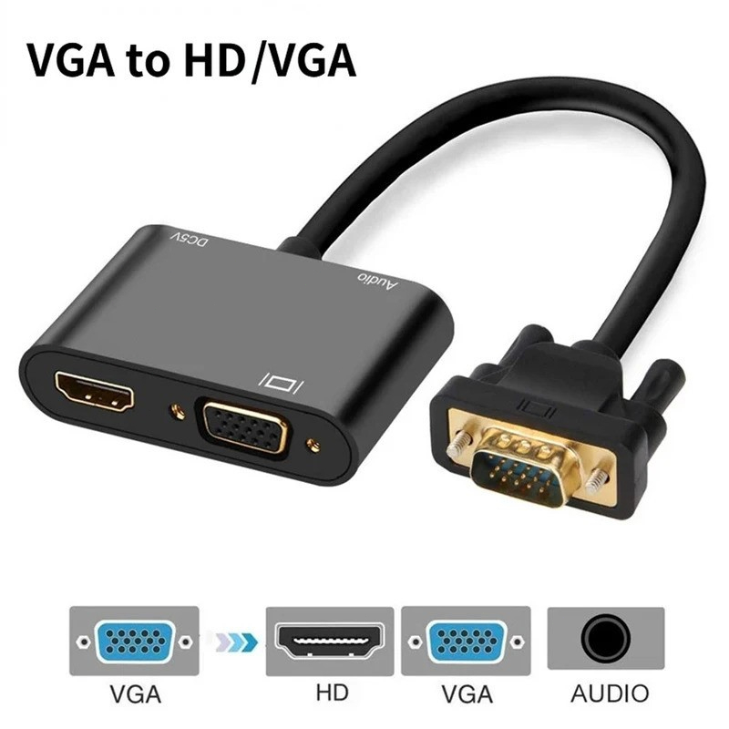 3-in-1 VGA to HDMI – เข้ากันได้กับอะแดปเตอร์ +3.5 มม. + VGA HDTV