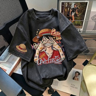 【esolo】Korean Retro Smiling Luffy Print Oversized Loose Washed Black T-Shirt for Women #0421