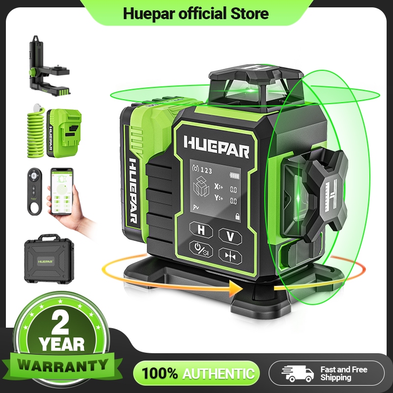 Huepar W03CG 2026 ใหม่ 3D 12 Lines 3x360° ระดับเลเซอร์สีเขียวปรับระดับด้วยตนเองบลูทูธไฟฟ้าฐานหมุนหน้าจอ LCD ขนาดใหญ่ 3 เครื่องบิน Cross Line เครื่องมือเลเซอร์สําหรับก่อสร้างกระเบื้อง Ceil