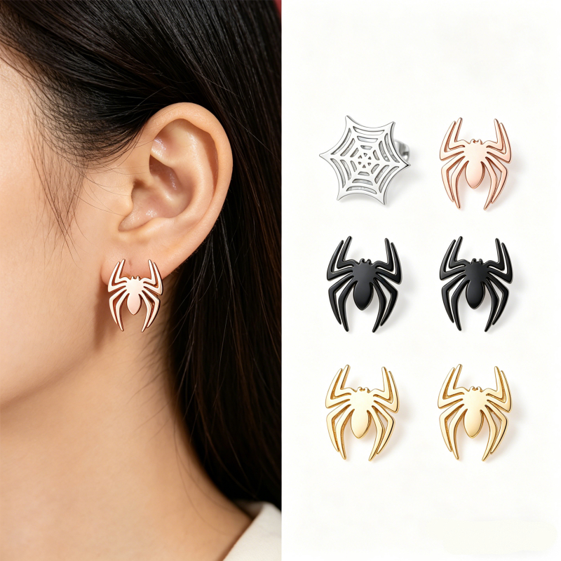 KTH การ์ตูน Spider Web สแตนเลสสตั๊ดต่างหูผู้หญิงทองสีดําสัตว์ Spider ต่างหู Stylish Simplicity Party ของขวัญร้อน