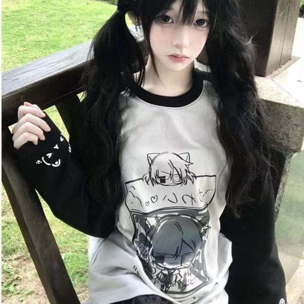 วัฒนธรรมย่อยญี่ปุ่น ย2เค อะนิเมะน่ารักหลวมสบายๆแขนยาวเสื้อกันหนาวเสื้อยืดสาว