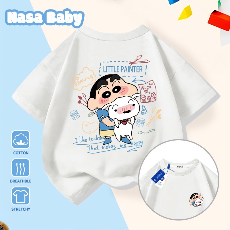เสื้อยืดคอปกสกรีนลายการ์ตูน NASA กับ ชินจัง แขนสั้น ผ้าคอตตอน สำหรับเด็กผู้ชาย-ผู้หญิง ฤดูร้อน