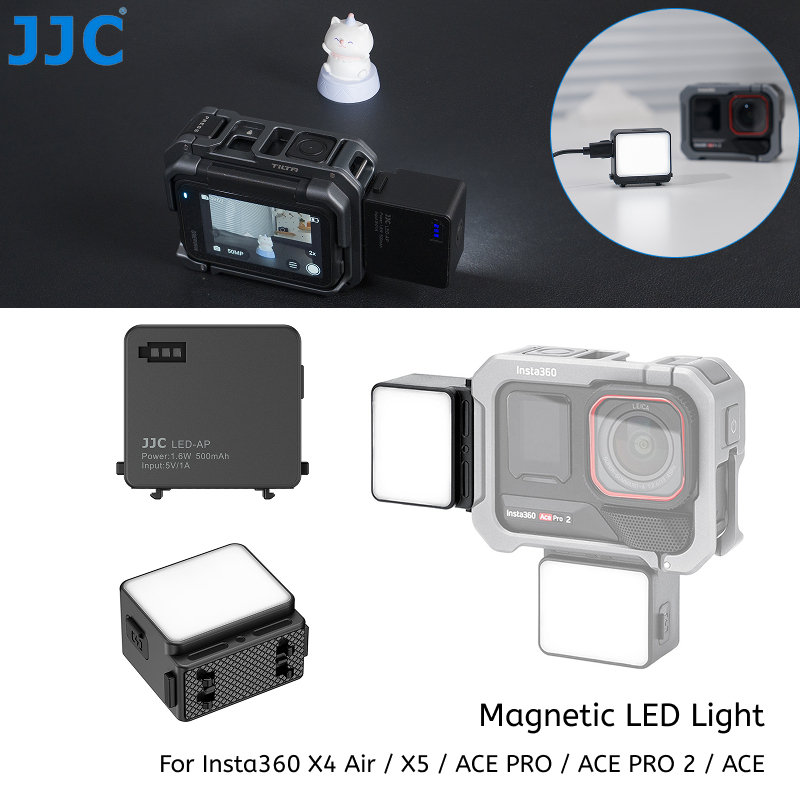 JJC Ace Pro 2 Mini LED เติมแสงแม่เหล็ก Quick Release สําหรับ Insta360 X4 Air X5 ACE PRO ACEPRO 2 ACE กล้อง, ชาร์จ Type-C, Night กลางแจ้ง Selfie การถ่ายภาพเติมแสง