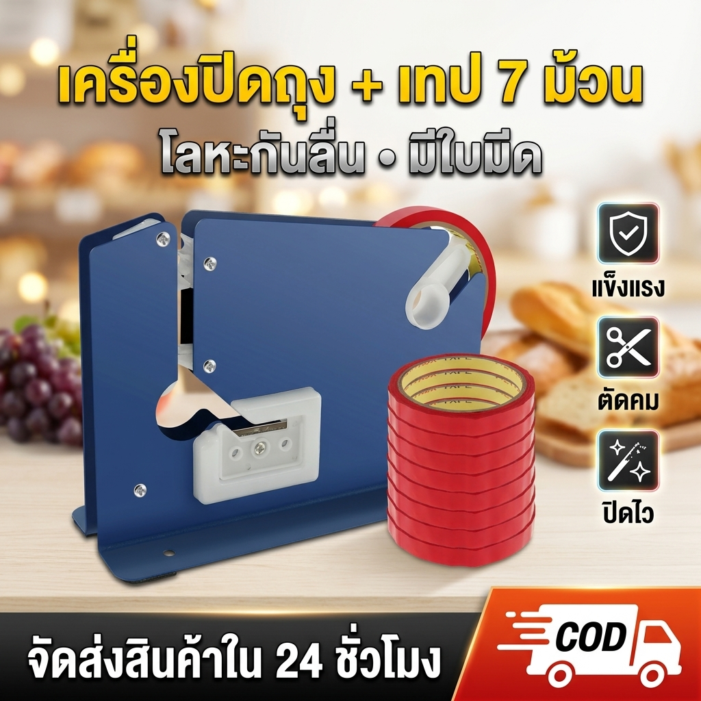 เครื่องซีลถุง K-8 โลหะ พร้อมเทปปิดผนึก 7 ม้วน ตัดขอบกันลื่น รุ่น 8604