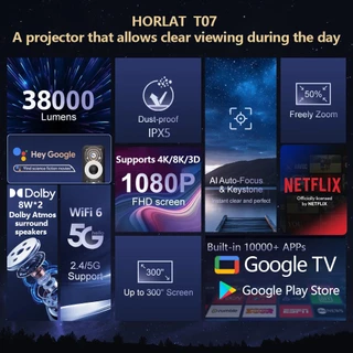 Horlat T07 wifi 8K Projector โปรเจคเตอร์ 1500ANSI ความสว่างสูง NETFLIX Official Google TV Dolby Audio 8W*2