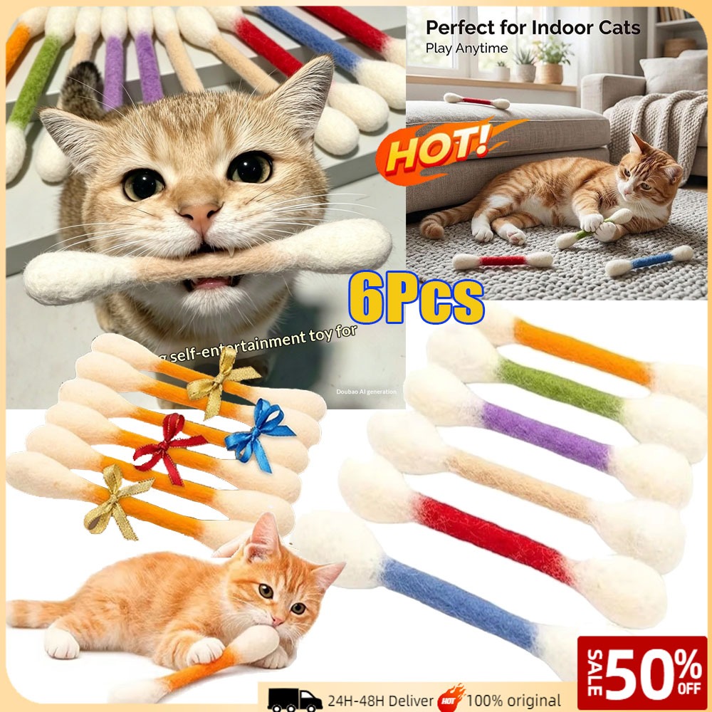 ของเล่นแมวรูปสําลีขนาดใหญ่ 6 ชิ้น – แท่งเคี้ยวแคทนิป, ของเล่นสักหลาดแบบโต้ตอบสําหรับแมว, อุปกรณ์เสริมของขวัญตุ๊กตาบรรเทาความเบื่อหน่าย