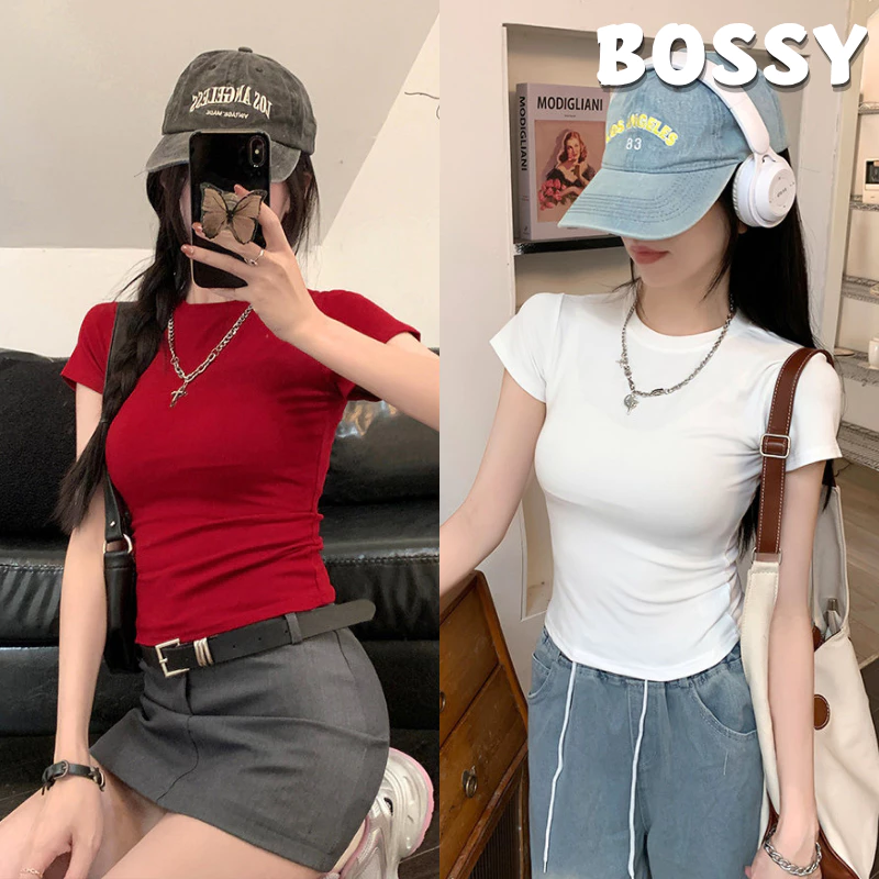 BOSSY แขนสั้นไหล่อเมริกันเผ็ดสาว ฤดูร้อนใหม่ของผู้หญิงเอวคอลเลกชันเสื้อยืดสลิมฟิตรอบคอบางสั้นครึ่งแขนด้านบน ผ้าฝ้าย100%#E