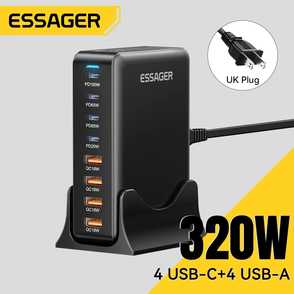 Essager 320W Fast Charger USB A + Type-C 8-Port อะแดปเตอร์ชาร์จสําหรับแล็ปท็อป/แท็บเล็ต/Android/iPh