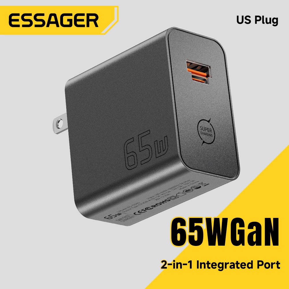 Essager 65W GaN Charger Type C/USB A เอาต์พุตอิสระชาร์จ 2-in-1 แบบบูรณาการพอร์ตอะแดปเตอร์ Charger สํ