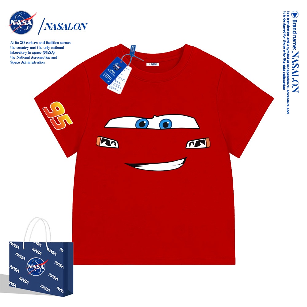 NASA เสื้อยืดเด็กแขนสั้น ผ้าฝ้าย 100% เสื้อเด็กผู้ชาย Lightning McQueen ลายการ์ตูน ระบายอากาศดี สำหรับเด็กอายุ 1-12 ปี
