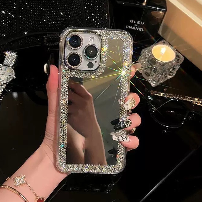 Handmade Gems กระจกชุบเคสโทรศัพท์สําหรับ iPhone17Pro Air 16plus 15 14/13 12 11 Xs XR 78P SE3 ปกอ่อนเต็มรูปแบบ