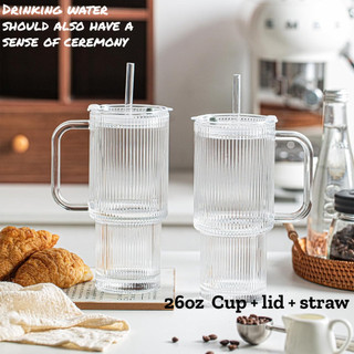 Large-capacity glass with handle & straw lid, office coffee mug, high-value cold drink tumbler