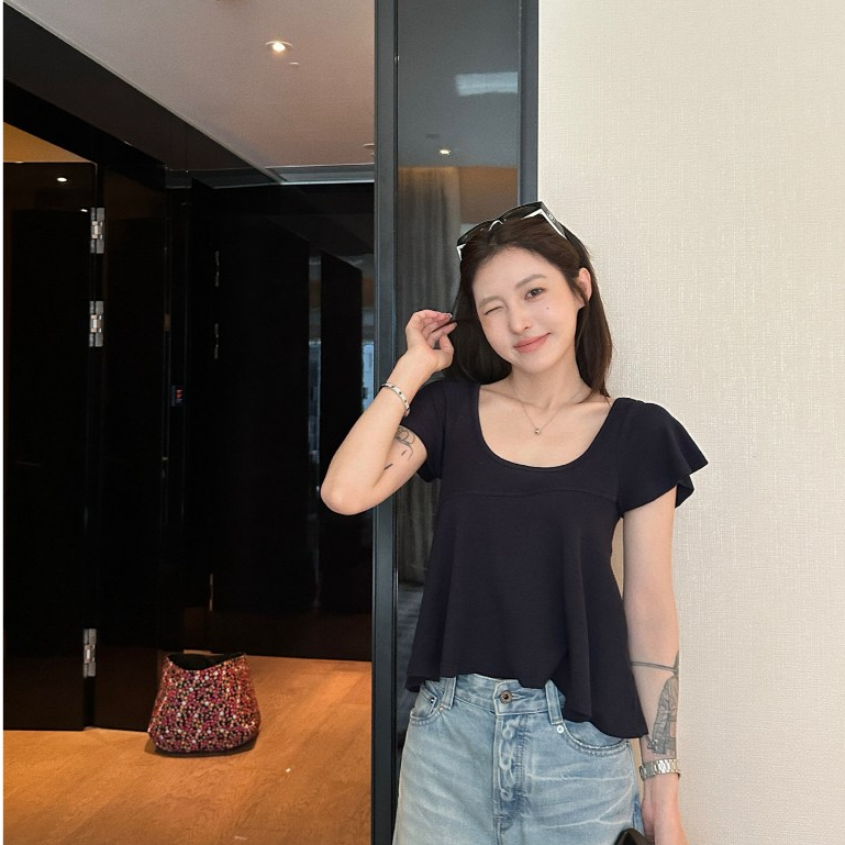 เสื้อยืดผู้หญิง แบบคอulen รูเช็ด สไตล์เกาหลี สำหรับฤดูร้อน
